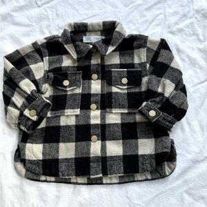 ZARA Girl Snap Front Blacl/Ecru Plaid Shirt Jacket Sz. 12-18mth Rear Shirring LN